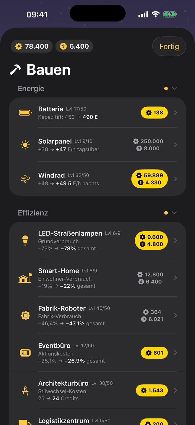 Bauen & ausbauen — Schrauben und Credits kaufen Solarzellen, LED-Lampen, Roboter und mehr.