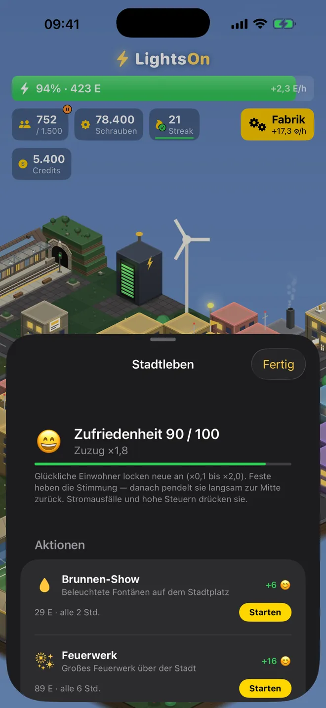 Stadtleben — Zufriedene Einwohner ziehen neue an. Ein Feuerwerk hebt die Stimmung.