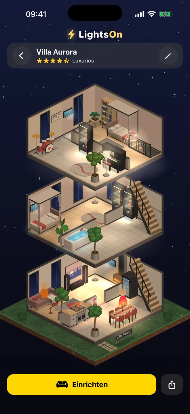 Reinschauen — Jedes Haus klappt auf — Zimmer einrichten, Bewohnern zusehen.