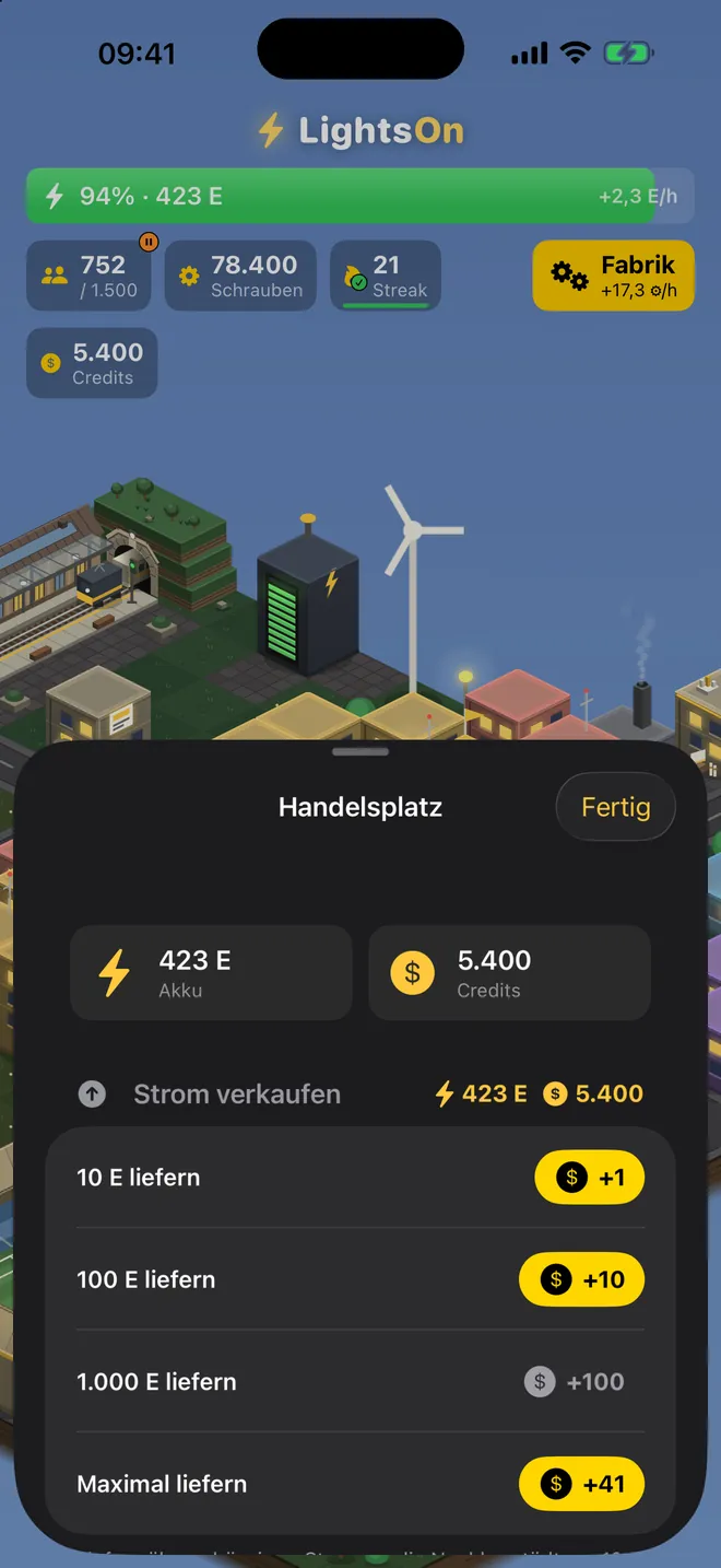 Marktplatz — Überschüssigen Strom gegen Credits verkaufen — oder an faulen Tagen zurückkaufen.