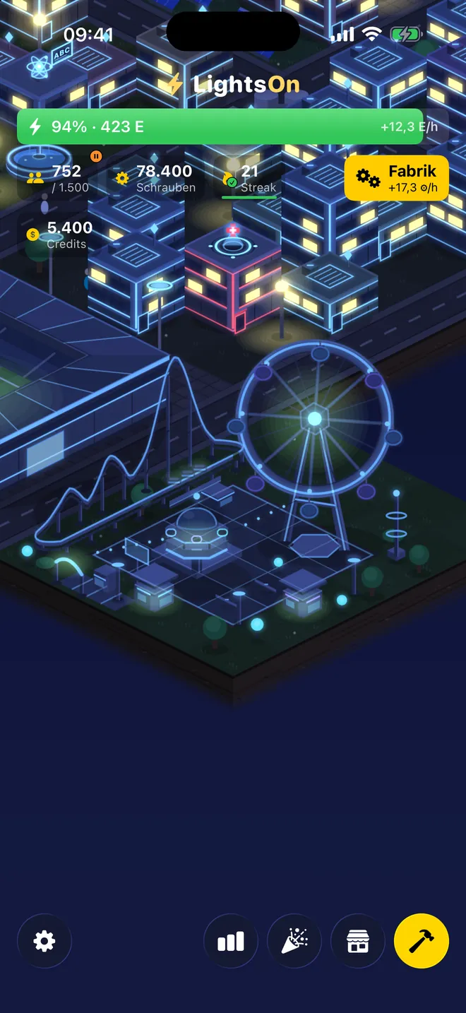 Futuristische Stadt — Jedes Gebäude lässt sich umgestalten — hier leuchtet die ganze Stadt in Neon, bis zum Freizeitpark.