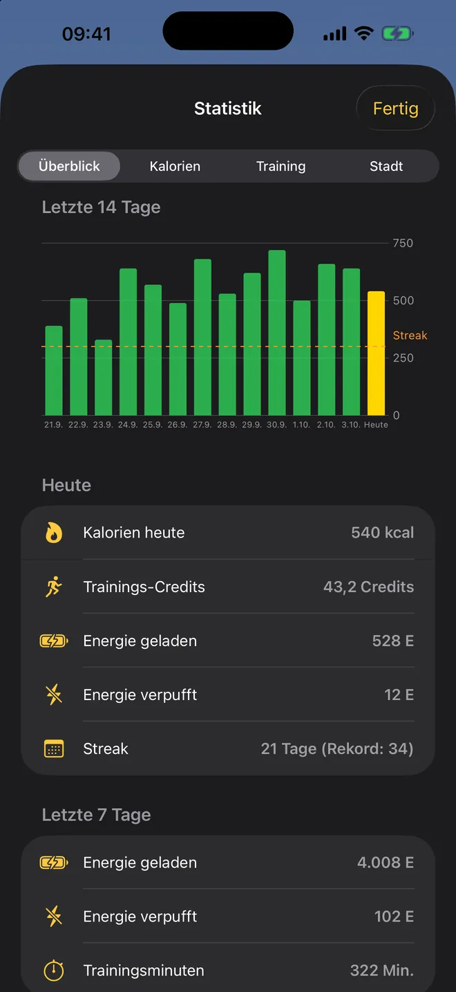 Deine Zahlen — Kalorien, Energie, Trainingsminuten, Streak — alles an einem Ort.