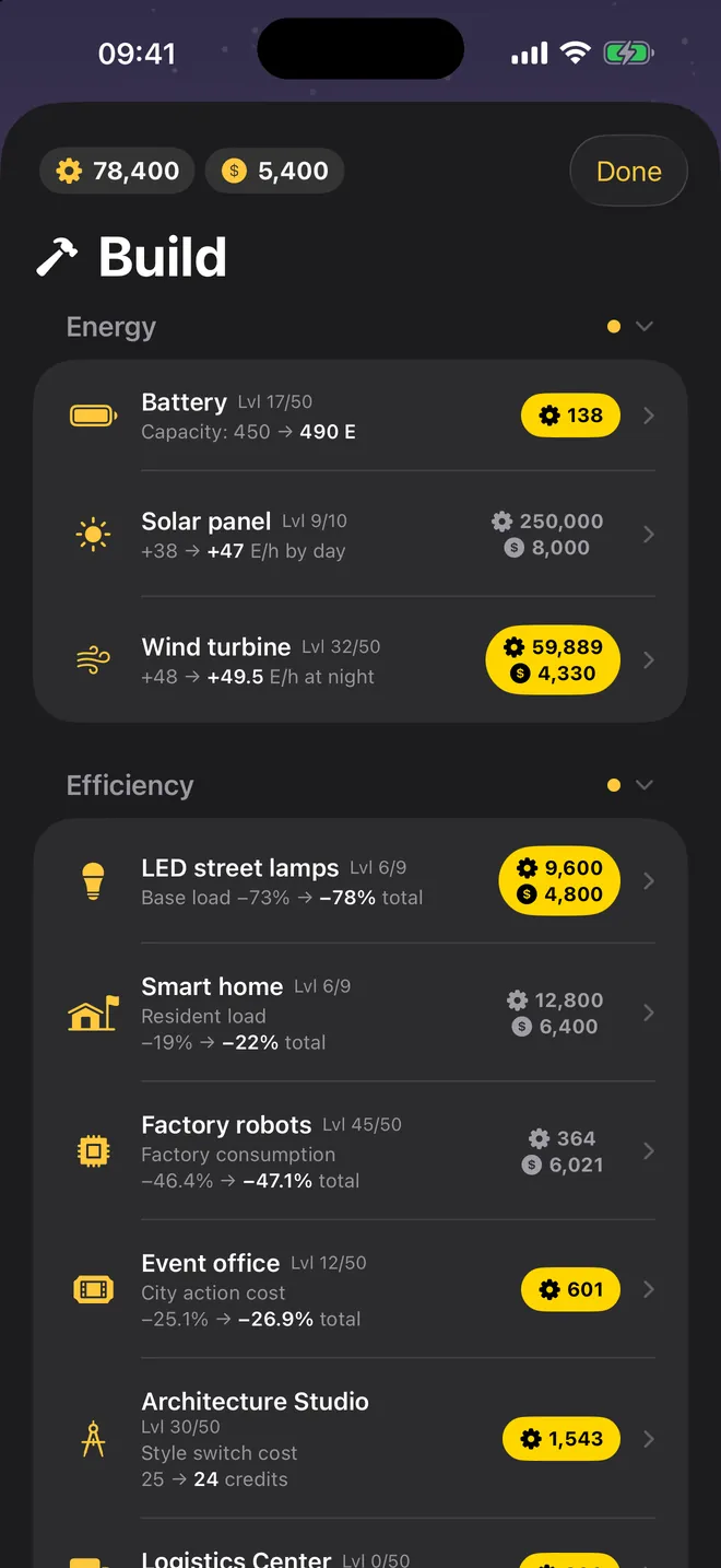 Build & upgrade — Gears and credits buy solar panels, LED lamps, robots and more.