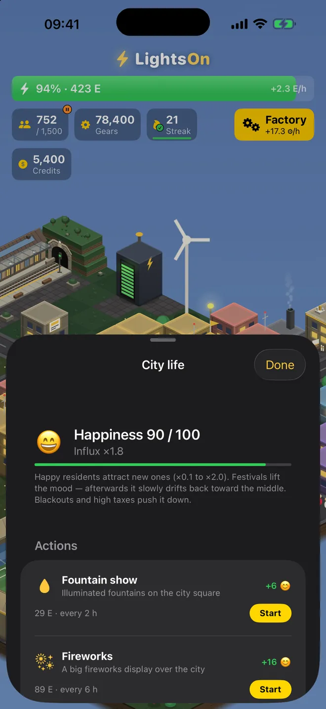 City life — Happy residents attract new ones. A fireworks show lifts the mood.