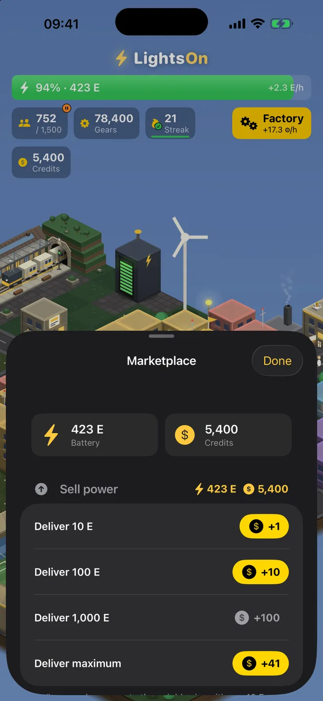 Marketplace — Sell surplus power for credits — or buy some back on a lazy day.
