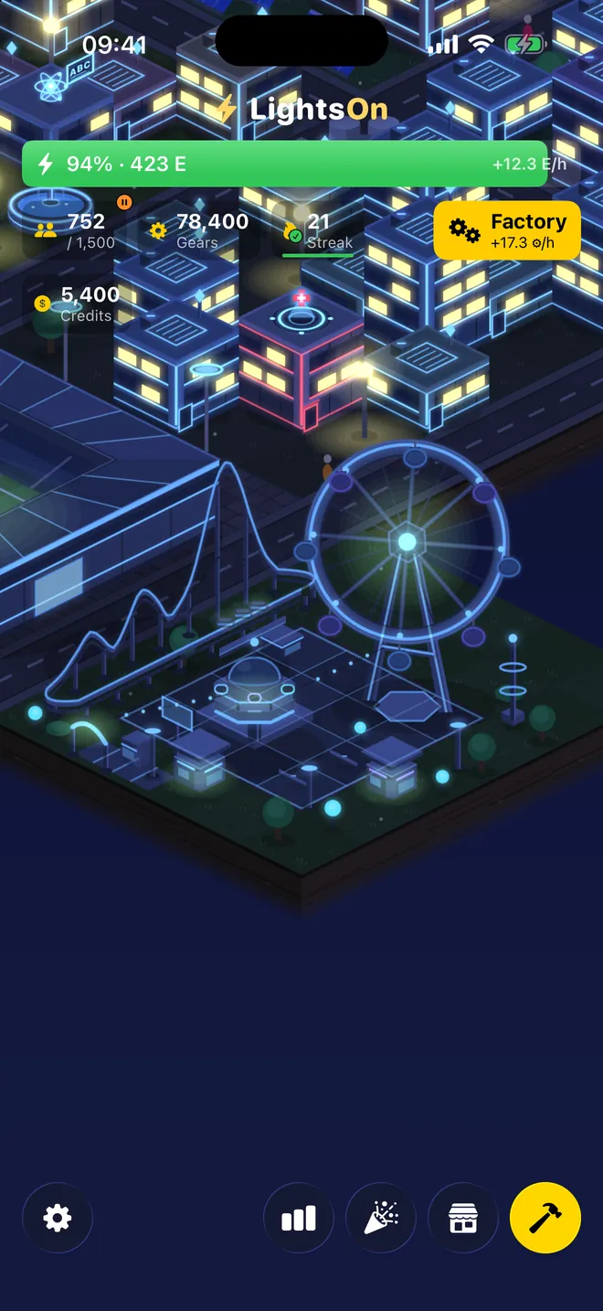 Futuristic city — Restyle every building — here the whole city glows in neon, all the way to the amusement park.
