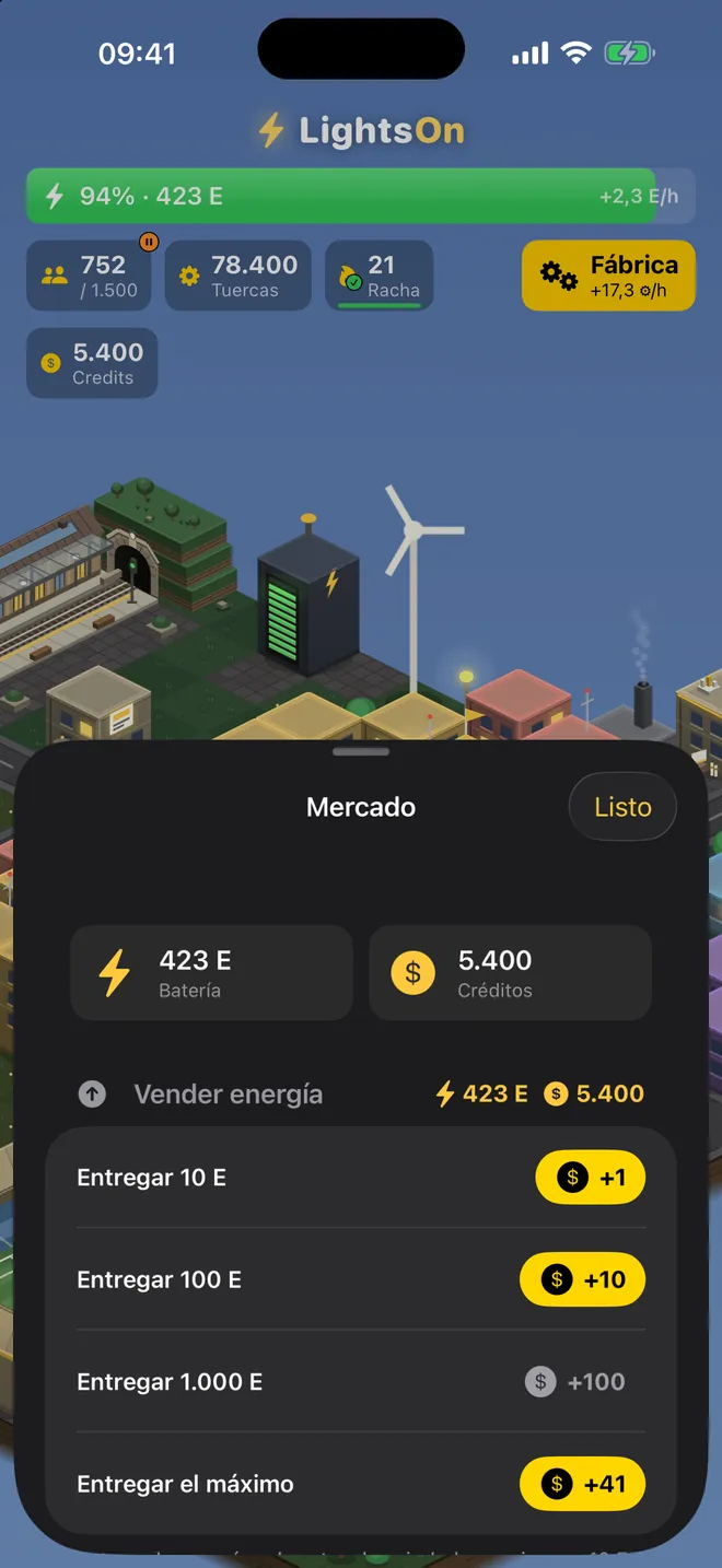 Mercado — Vende el excedente de energía por créditos — o recompra en un día perezoso.