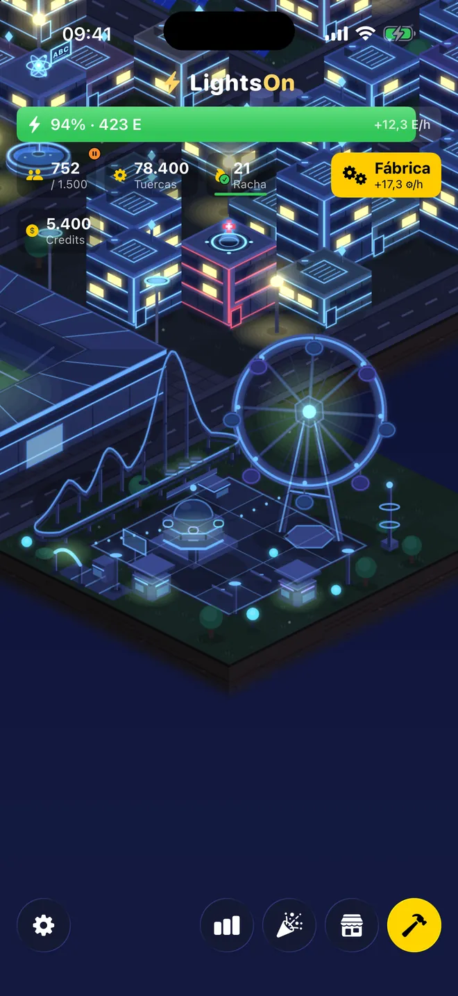 Ciudad futurista — Cada edificio se puede redecorar: aquí toda la ciudad brilla en neón, hasta el parque de atracciones.