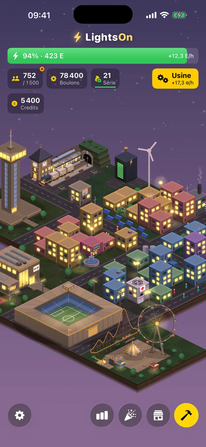 La ville LightsOn au crépuscule, fenêtres allumées