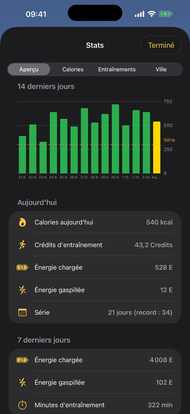 Tes chiffres — Calories, énergie, minutes de sport, série — tout au même endroit.