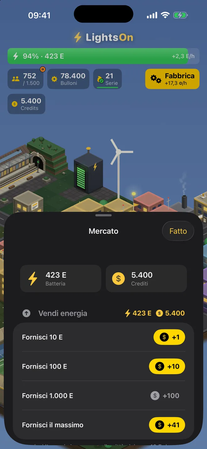 Mercato — Vendi l’energia in eccesso per crediti — o ricomprala in un giorno pigro.