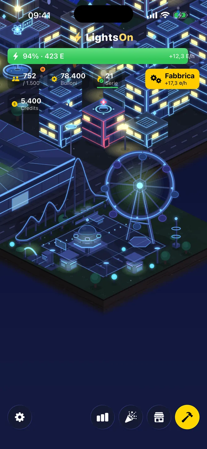 Città futuristica — Ogni edificio si può ridisegnare: qui l’intera città si accende di neon, fino al parco divertimenti.